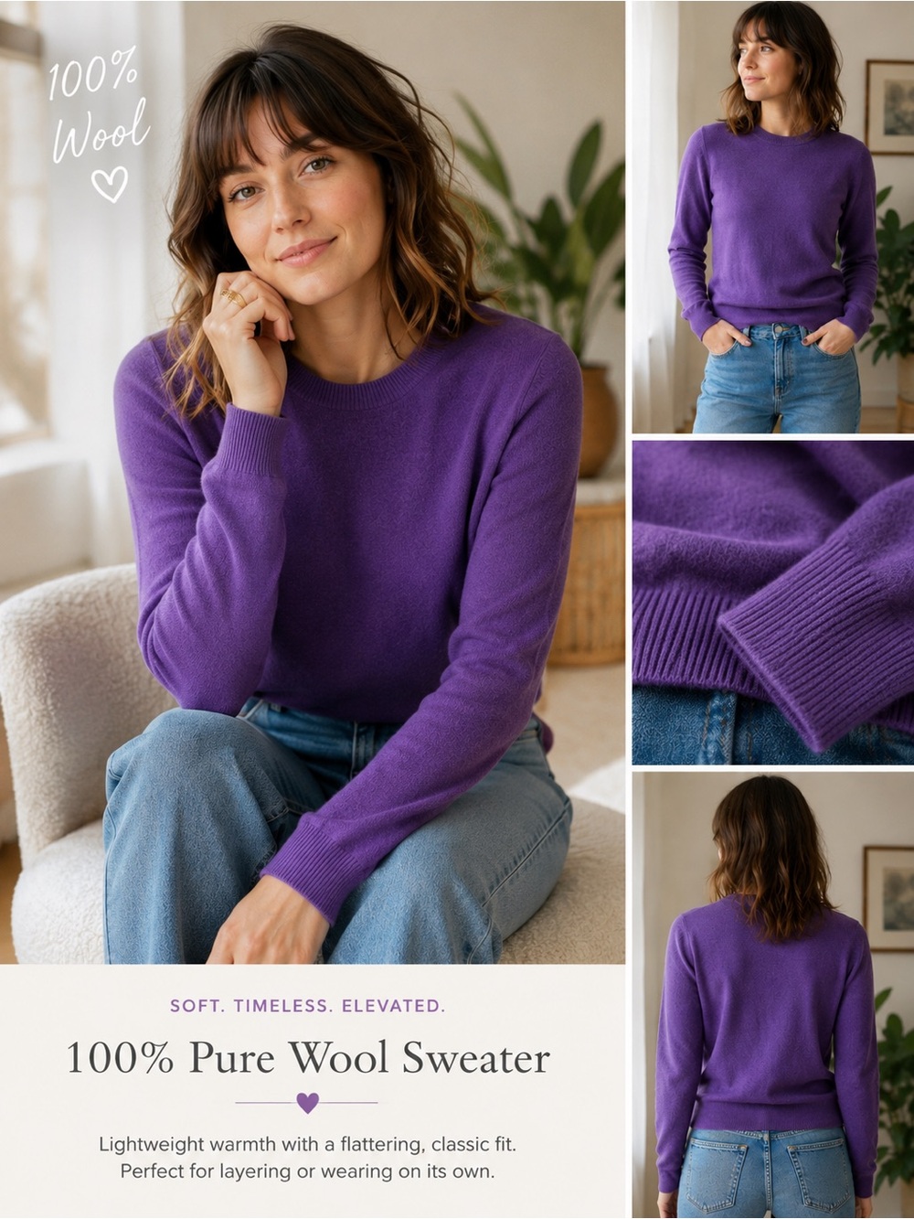 100% Pure Wool Crewneck Sweater - Purple